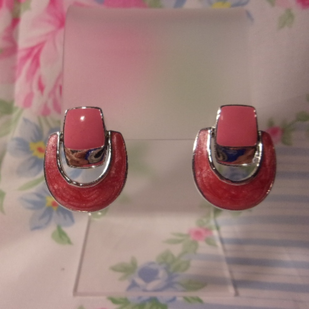 Pink Enamel Silver Tone Pierced Earrings 1980s Vintage